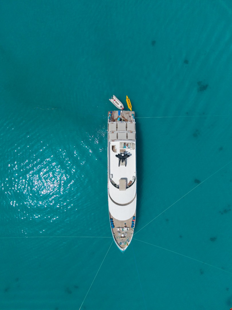 Top-down view of the yacht over turquoise waters